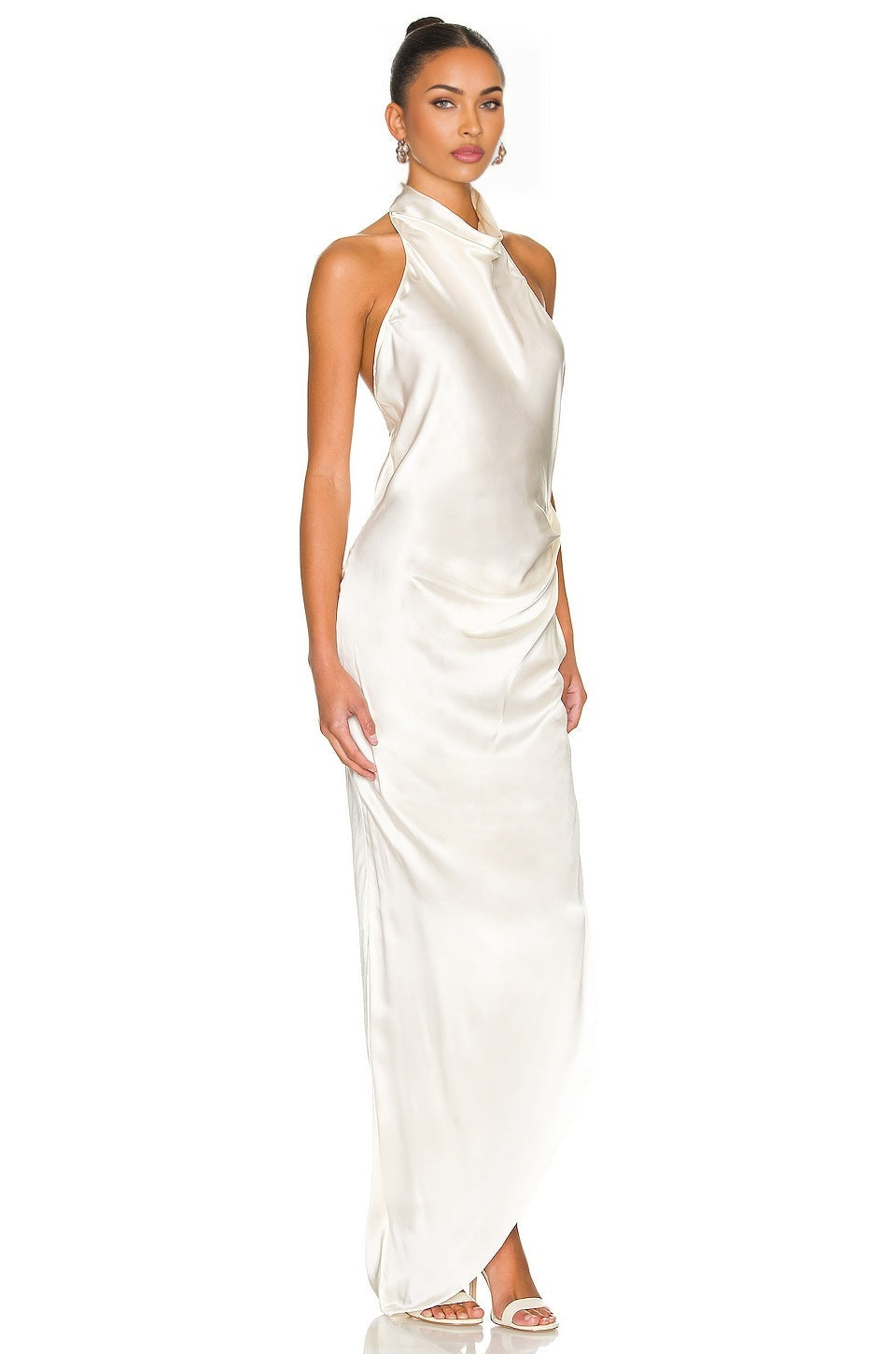 Ivory Silk Charmeuse Ginetta Bridal Dress with Halterneck Styling and Ruched Skirt Detail