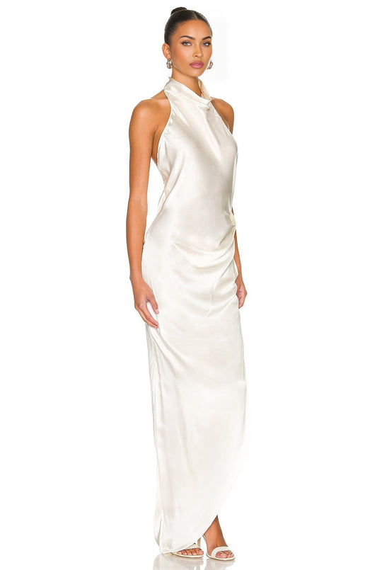 Ivory Silk Charmeuse Ginetta Bridal Dress with Halterneck Styling and Ruched Skirt Detail