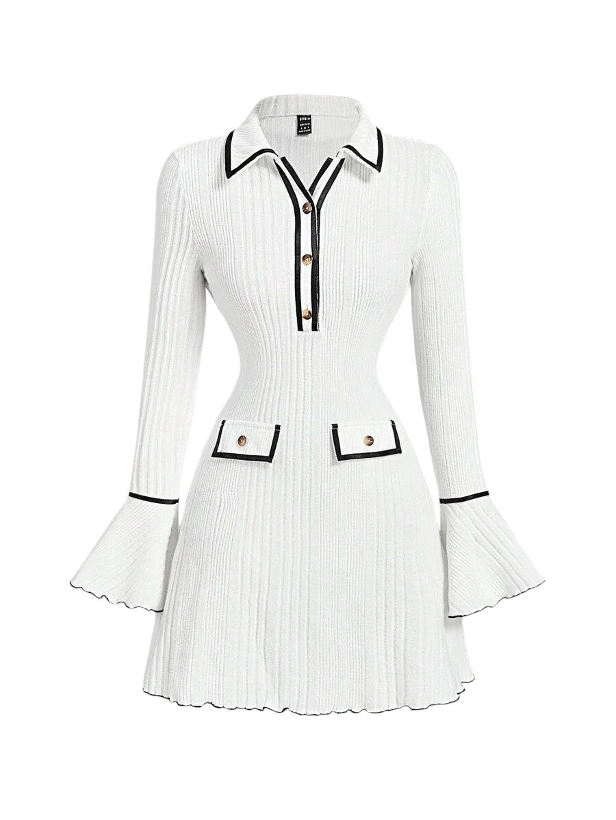 White ribbed knit dress with contrast trim, gold button accents, flared sleeves, and a tailored fit for a sophisticated and modern look