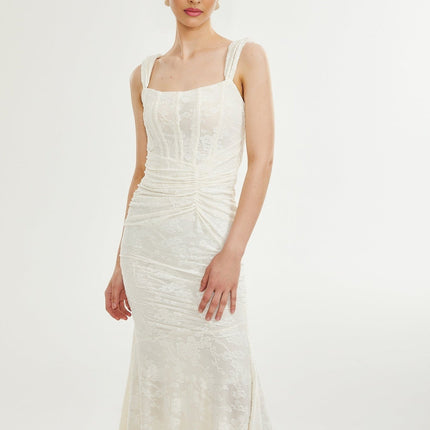 Ivory White Jacquard Maxi Dress with Corset Detailing Spaghetti Straps Square Neckline and Flared Hem