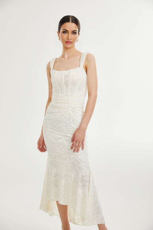 Ivory White Jacquard Maxi Dress with Corset Detailing Spaghetti Straps Square Neckline and Flared Hem