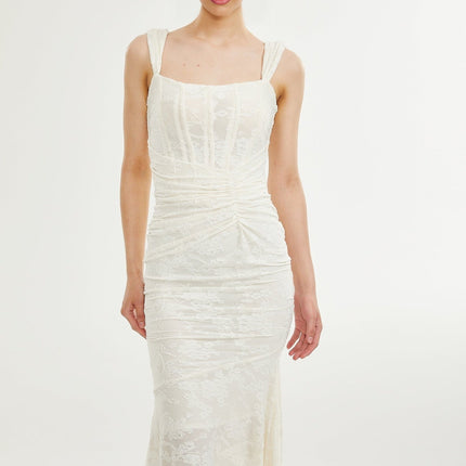 Ivory White Jacquard Maxi Dress with Corset Detailing Spaghetti Straps and Square Neckline