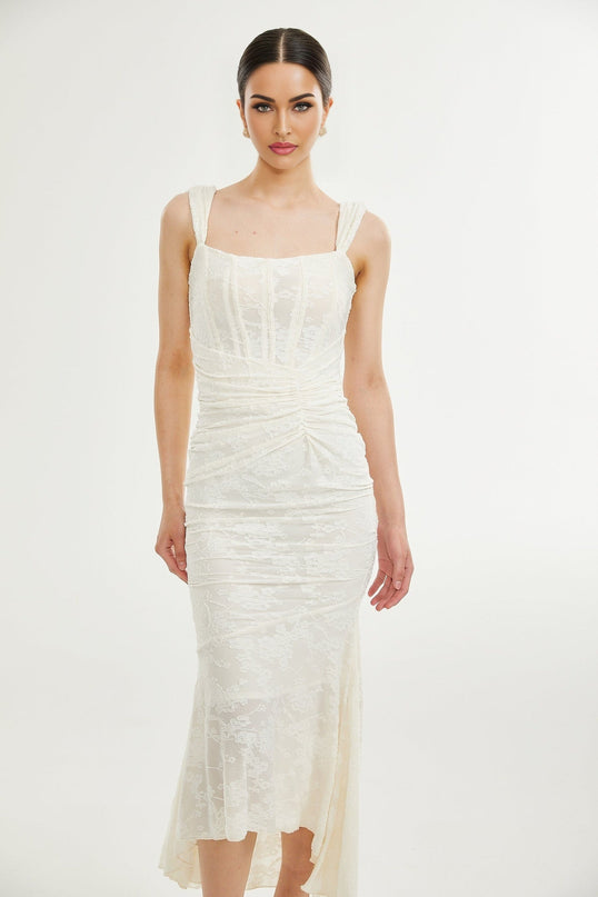 Ivory White Jacquard Maxi Dress with Corset Detailing Spaghetti Straps and Square Neckline