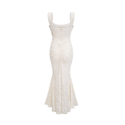 Ivory White Jacquard Maxi Dress with Corset Detailing Spaghetti Straps and Square Neckline
