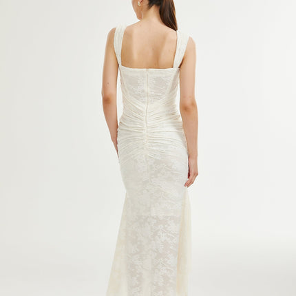 Ivory White Jacquard Maxi Dress with Corset Detailing Spaghetti Straps and Square Neckline