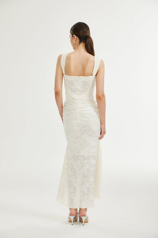 Ivory White Jacquard Maxi Dress with Corset Detailing Spaghetti Straps and Square Neckline