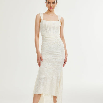 Ivory White Jacquard Maxi Dress with Corset Detailing Spaghetti Straps Square Neckline and Flared Hem