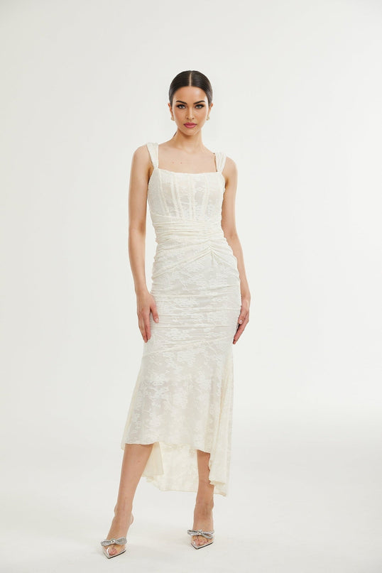 Ivory White Jacquard Maxi Dress with Corset Detailing Spaghetti Straps Square Neckline and Flared Hem