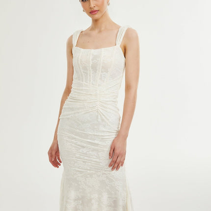 Ivory White Jacquard Maxi Dress with Corset Detailing Spaghetti Straps and Square Neckline
