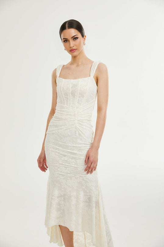 Ivory White Jacquard Maxi Dress with Corset Detailing Spaghetti Straps and Square Neckline