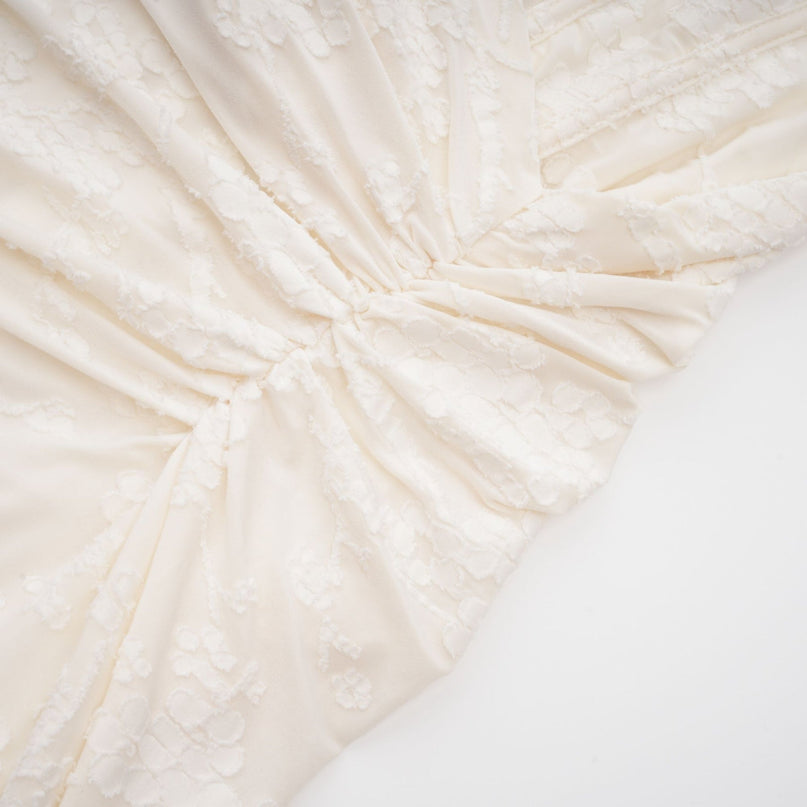 Ivory White Jacquard Maxi Dress with Corset Detailing Spaghetti Straps Square Neckline and Flared Hem