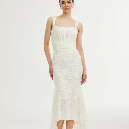 Ivory White Jacquard Maxi Dress with Corset Detailing Spaghetti Straps and Square Neckline