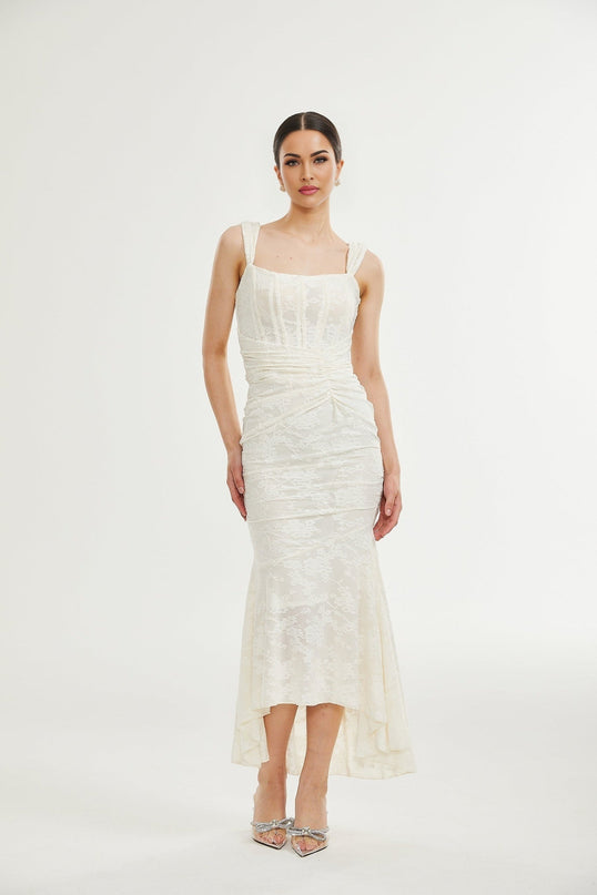 Ivory White Jacquard Maxi Dress with Corset Detailing Spaghetti Straps and Square Neckline