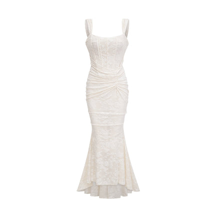 Ivory White Jacquard Maxi Dress with Corset Detailing and Spaghetti Straps