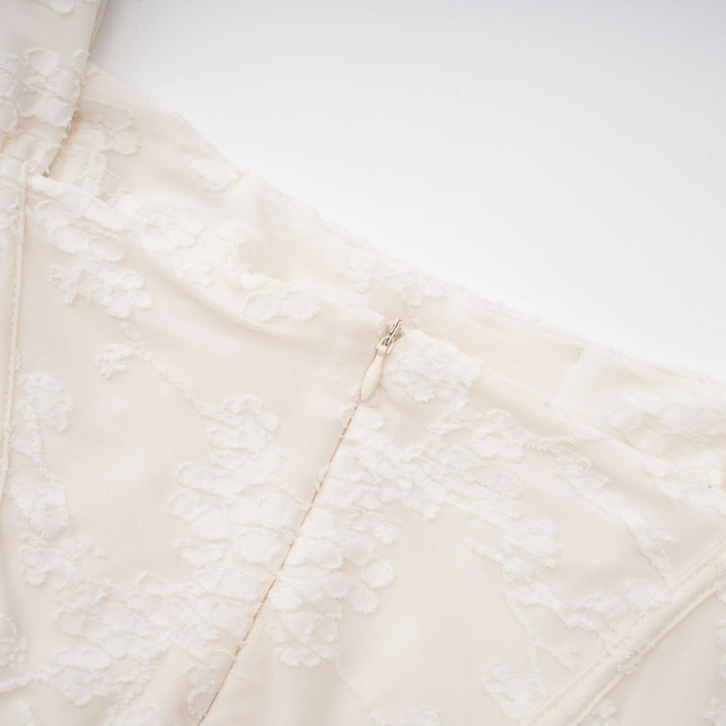 Ivory White Jacquard Maxi Dress with Corset Detailing Spaghetti Straps Square Neckline and Flared Hem