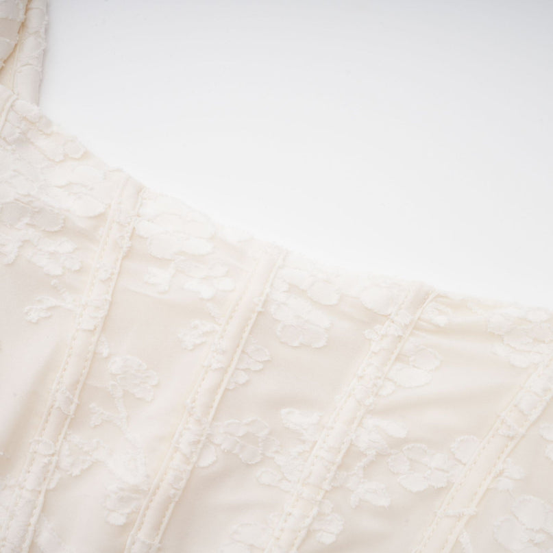 Ivory White Jacquard Maxi Dress with Corset Detailing and Spaghetti Straps