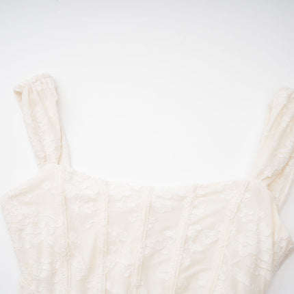 Ivory White Jacquard Maxi Dress with Corset Detailing Spaghetti Straps and Square Neckline