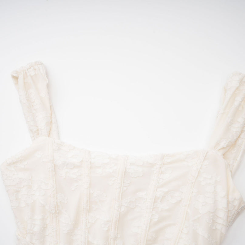 Ivory White Jacquard Maxi Dress with Corset Detailing Spaghetti Straps and Square Neckline