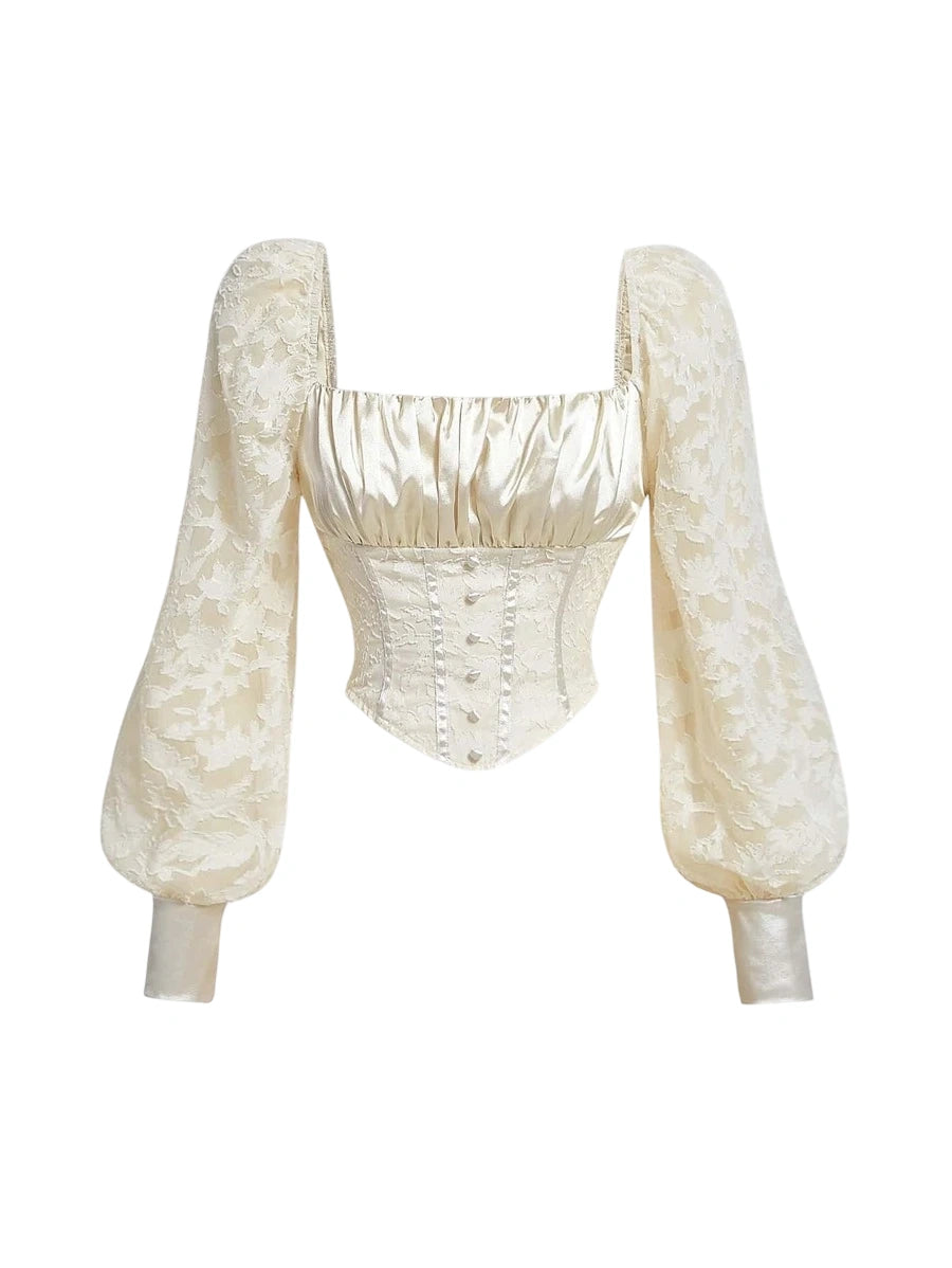 Cream corset blouse with lace balloon sleeves and satin bodice