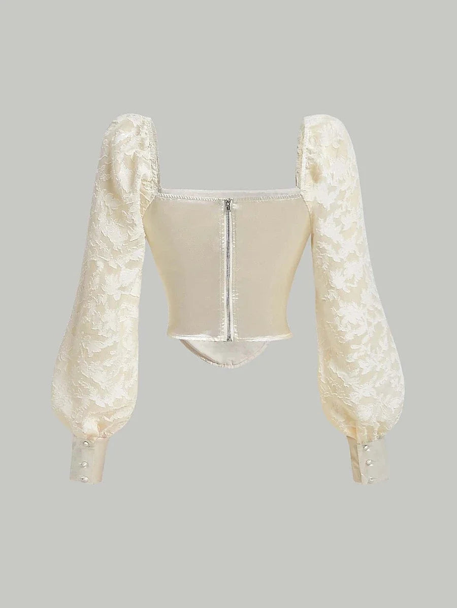 Jacquard Lantern Sleeve Ruched Bust Bandana Hem Zip Up Back Crop Blouse