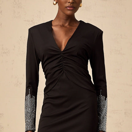 Jacqueline Black Rhinestone V-neck Mini Dress