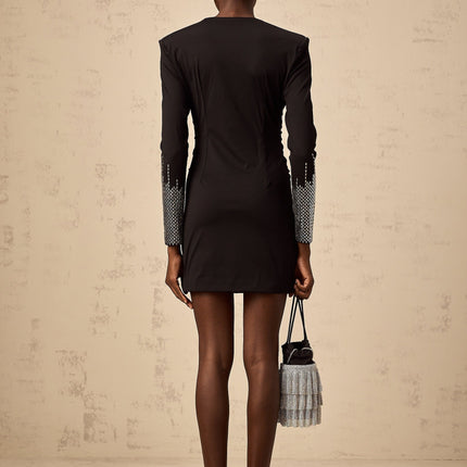 Jacqueline Black Rhinestone V-neck Mini Dress with Stretch Fabric and Gathering