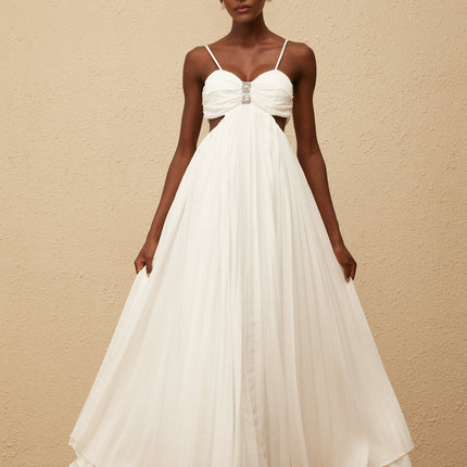 Jacqueline Maxi Dress White Terylene Fiber Sweetheart Neckline Sleeveless Adjustable Spaghetti Straps Cut-Out Detailing Pleated Embellishments Crystal Embellishments Smocked Panel Rear Zip Fastening Maxi-Length Dress Special Occasions Luxury Grace