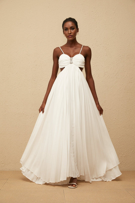 Jacqueline Maxi Dress White Terylene Fiber Sweetheart Neckline Sleeveless Adjustable Spaghetti Straps Cut-Out Detailing Pleated Embellishments Crystal Embellishments Smocked Panel Rear Zip Fastening Maxi-Length Dress Special Occasions Luxury Grace