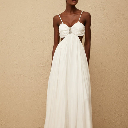 Jacqueline Maxi Dress in White Terylene Fiber Sweetheart Neckline Sleeveless Design Adjustable Spaghetti Straps Cut-Out Detailing Pleated Embellishments Crystal Embellishments Smocked Panel Rear Zip Fastening Maxi-Length Dress Special Occasions Luxury Grace Exquisite Creation