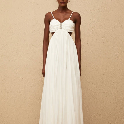 Jacqueline Maxi Dress in White Terylene Fiber Sweetheart Neckline Sleeveless Design Adjustable Straps Cut-Out Detailing Pleated Embellishments Crystal Embellishments Smocked Panel Rear Zip Fastening Maxi-Length Dress Special Occasions Luxury Grace Exquisite Creation