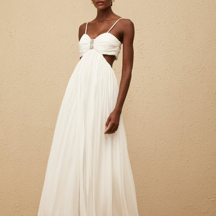 Jacqueline Maxi Dress White Terylene Fiber Sweetheart Neckline Sleeveless Adjustable Spaghetti Straps Cut-Out Detailing Pleated Embellishments Crystal Embellishments Smocked Panel Rear Zip Fastening Maxi-Length Dress Special Occasions Luxury Grace