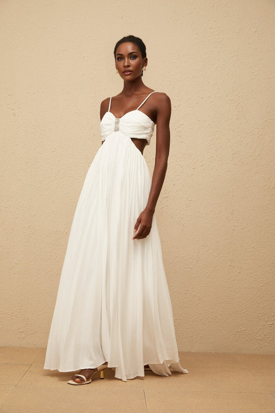Jacqueline Maxi Dress White Terylene Fiber Sweetheart Neckline Sleeveless Adjustable Spaghetti Straps Cut-Out Detailing Pleated Embellishments Crystal Embellishments Smocked Panel Rear Zip Fastening Maxi-Length Dress Special Occasions Luxury Grace