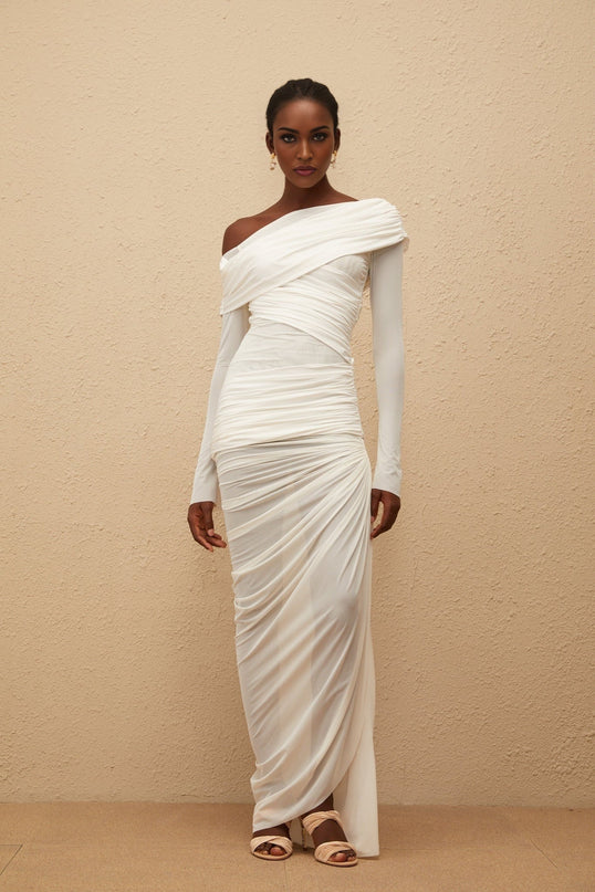 Jacqueline White Maxi Dress with Asymmetrical Mesh and Ruched Detail
