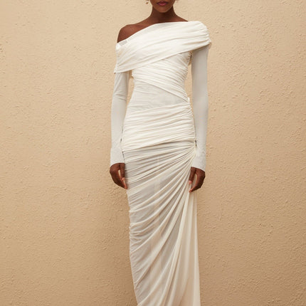 Jacqueline White Mesh Ruched Maxi Dress One Shoulder Long Sleeve Semi-Sheer Fitted Silhouette Asymmetrical Hem Side Slit Rear Zip Fastening Terylene Fiber