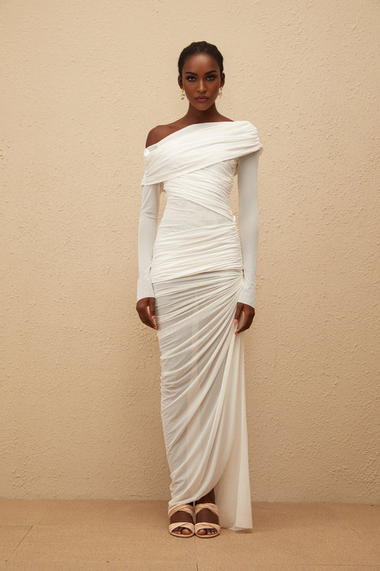Jacqueline White Mesh Ruched Maxi Dress One Shoulder Long Sleeve Semi-Sheer Fitted Silhouette Asymmetrical Hem Side Slit Rear Zip Fastening Terylene Fiber