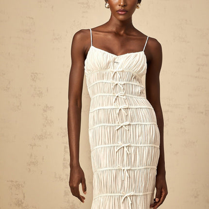 Jacqueline White Maxi Dress with V Neckline and Smocked Design