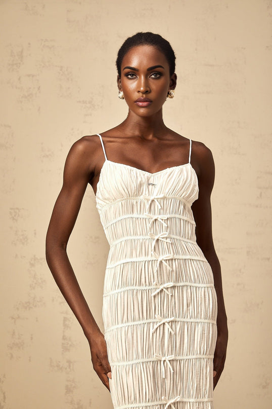 Jacqueline White Maxi Dress with Spaghetti Straps and V Neckline