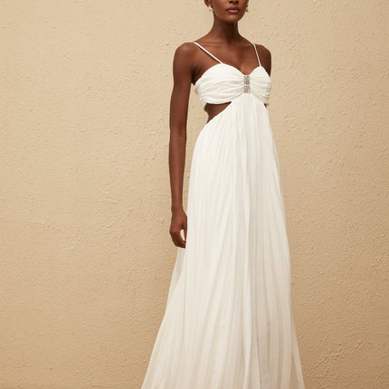 Jacqueline White Maxi Dress Terylene Fiber Sweetheart Neckline Sleeveless Adjustable Spaghetti Straps Cut-Out Detailing Pleated Embellishments Crystal Embellishments Smocked Panel Rear Zip Fastening Special Occasions Luxury Grace
