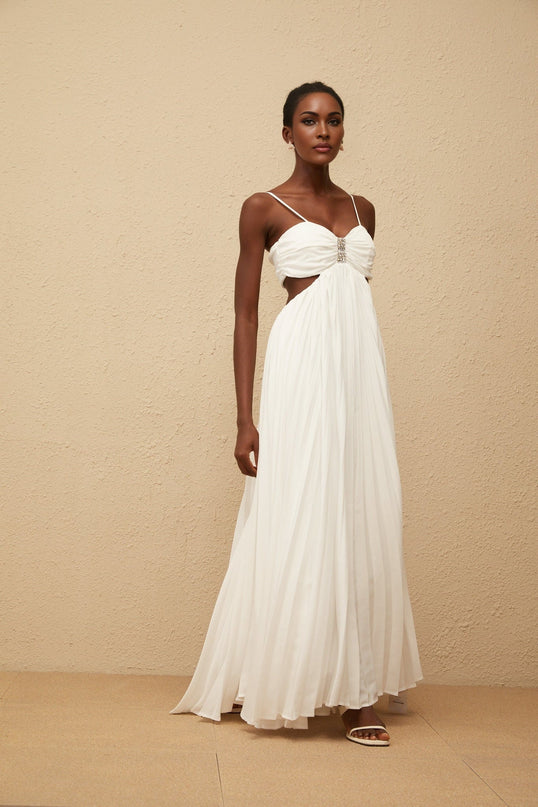 Jacqueline White Maxi Dress Terylene Fiber Sweetheart Neckline Sleeveless Adjustable Spaghetti Straps Cut-Out Detailing Pleated Embellishments Crystal Embellishments Smocked Panel Rear Zip Fastening Special Occasions Luxury Grace