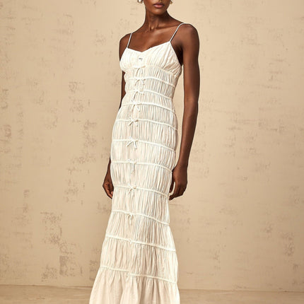 Jacqueline White Maxi Dress with Spaghetti Straps and V Neckline