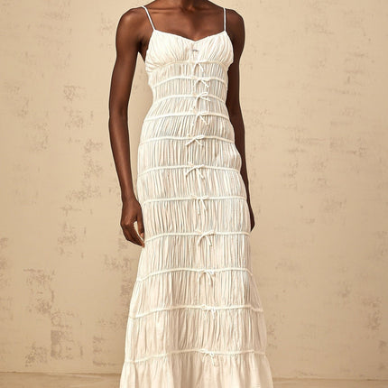 Jacqueline White Maxi Dress with V Neckline and Smocked Design