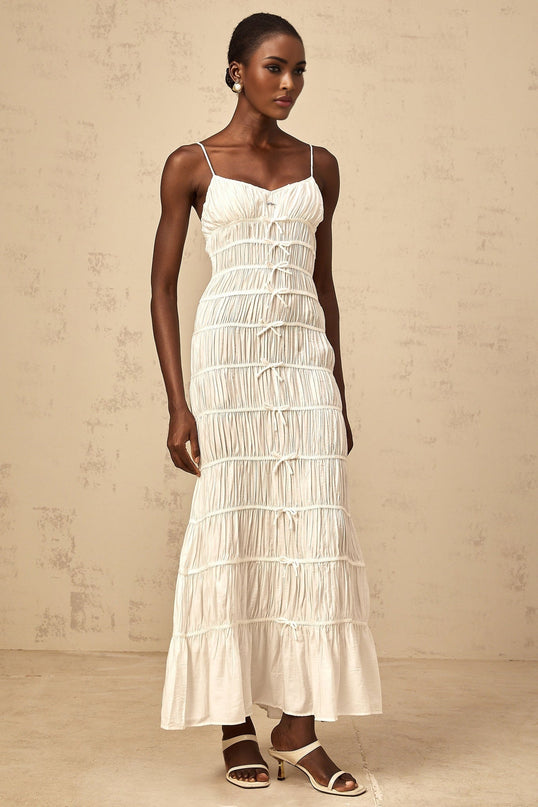 Jacqueline White Maxi Dress with V Neckline and Smocked Design
