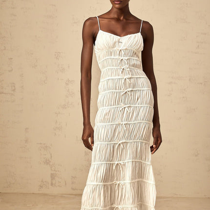 Jacqueline White Maxi Dress with V Neckline and Smocked Design