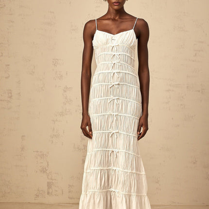 Jacqueline White Maxi Dress V Neck Smocked Design Bow Silver Hardware Elegant Chic Special Occasion Rayon Polyamide