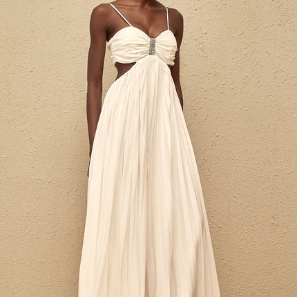 Jacqueline White Maxi Dress Terylene Fiber Sweetheart Neckline Sleeveless Adjustable Spaghetti Straps Cut-Out Detailing Pleated Embellishments Crystal Embellishments Smocked Panel Rear Zip Fastening Special Occasions Luxury Grace Exquisite Creation