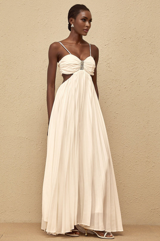 Jacqueline White Maxi Dress Terylene Fiber Sweetheart Neckline Sleeveless Adjustable Spaghetti Straps Cut-Out Detailing Pleated Embellishments Crystal Embellishments Smocked Panel Rear Zip Fastening Special Occasions Luxury Grace Exquisite Creation