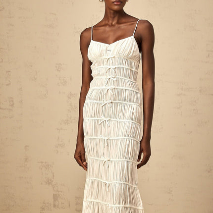 Jacqueline White Maxi Dress with V Neckline and Smocked Design