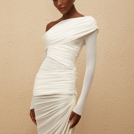 Jacqueline White Mesh Ruched Maxi Dress