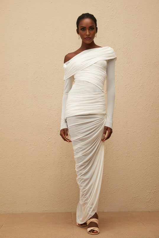 Jacqueline White Mesh Ruched Maxi Dress