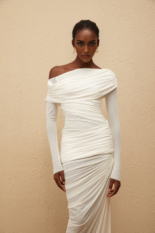 Jacqueline White Mesh Ruched Maxi Dress
